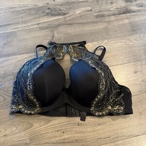 Adore Me Black Gold Metallic Lace High Neck Push Up Bra 40DDD Racerback Halter